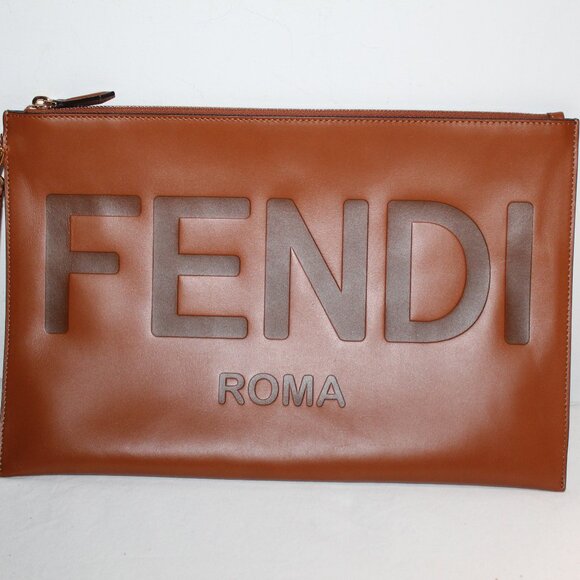 Fendi Handbags - Fendi Flat Wristlet Large Envelope Zip Top Vitello King Logo Embossed Bag